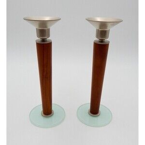 MCM Teak Aluminum Frosted Glass Base Taper Candlestick Danish Style 8.5 Inch